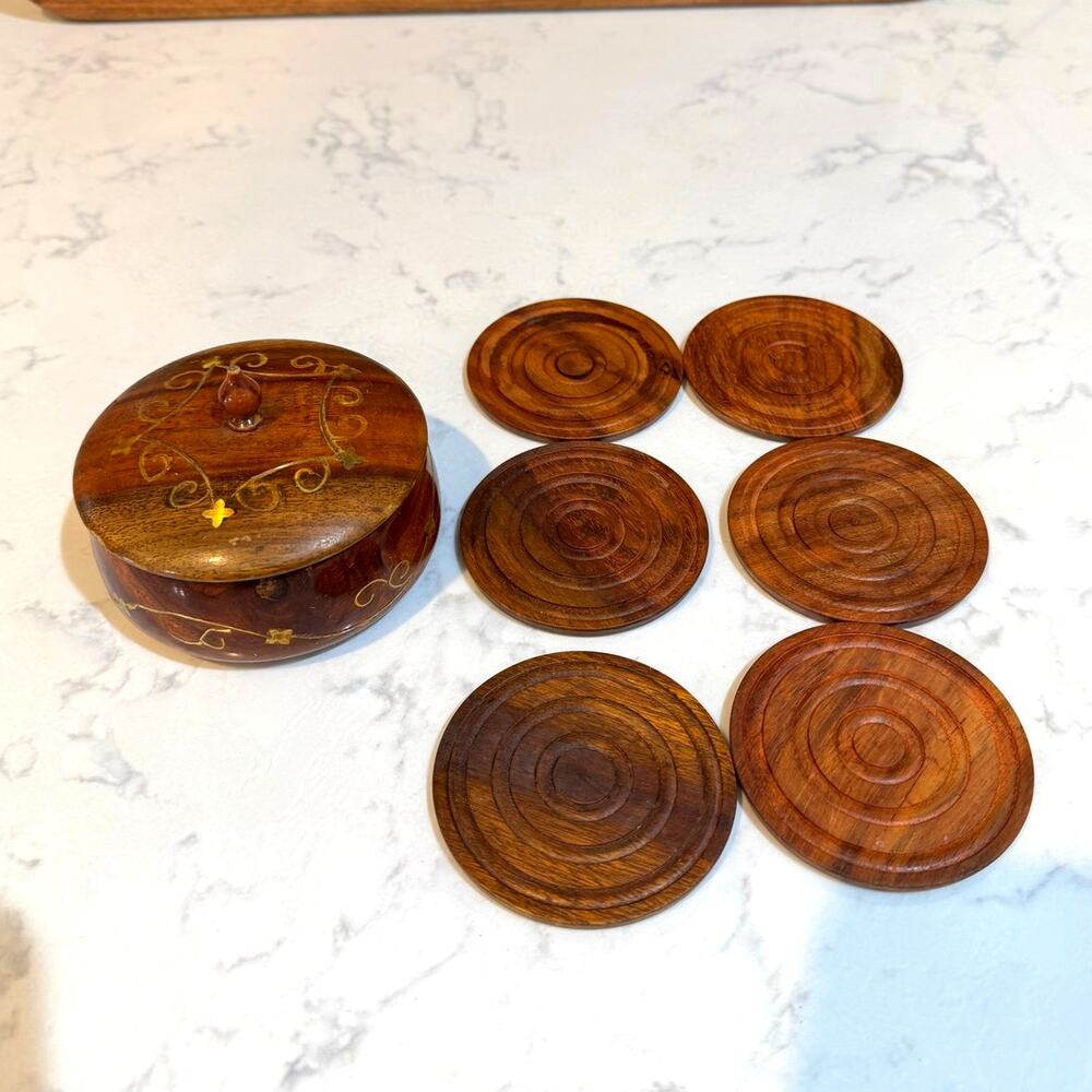 handcrafted wooden coaster set x6 featuring brass floral inlays bohemian - Picture 4 of 14